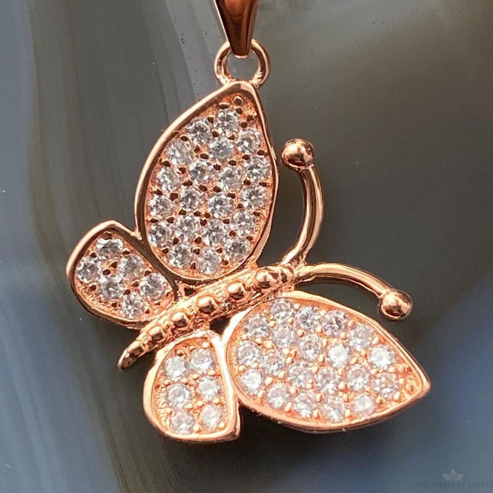 Sterling Silver Rose Coated with Cubic Zirconia Butterfly Pendant with Chain - Picture 1 of 9